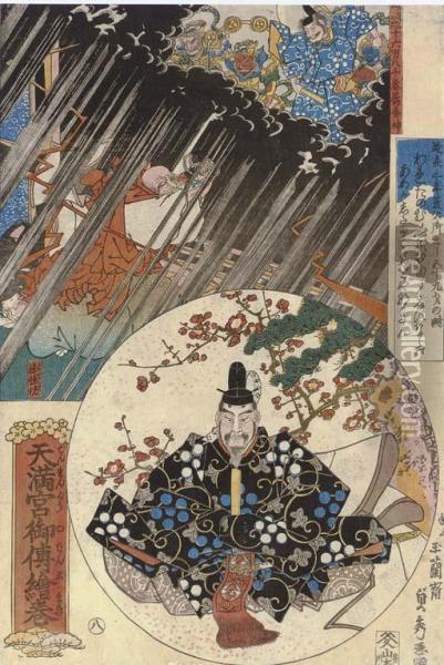 Illustrated Legends Of Tenmangu Shrine Oil Painting - Sadahide Hashimoto