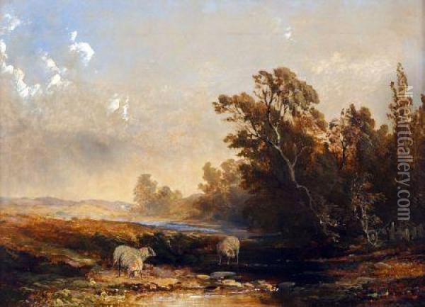 River Landscape With Sheep Oil Painting - Thomas Dingle Snr