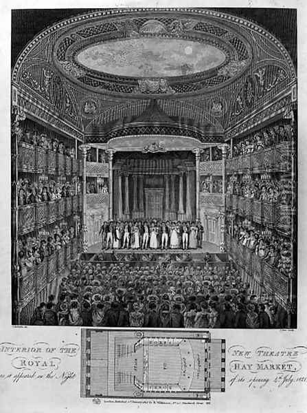 Interior of the New Theatre Royal, Haymarket, as it Appeared on the Night of its Opening, 4th July 1821, engraved by James Stow c.1770-p.1823, 1823 Oil Painting - Schebbellie