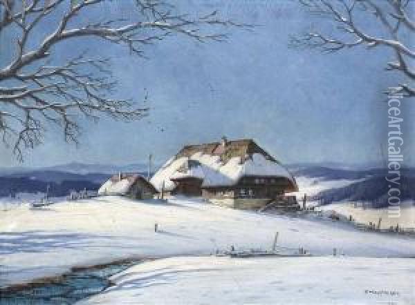 Hauptmann, Karl. Wintry Landscape With A Barnyard In The Black Forest Oil Painting - Karl Hauptmann