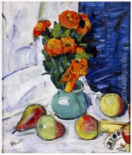 Still Life Of Marigolds And Blue Curtain Oil Painting - Leslie Hunter