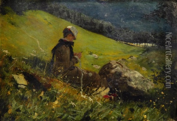 Girl In A Field Knitting Oil Painting - Hans Dahl