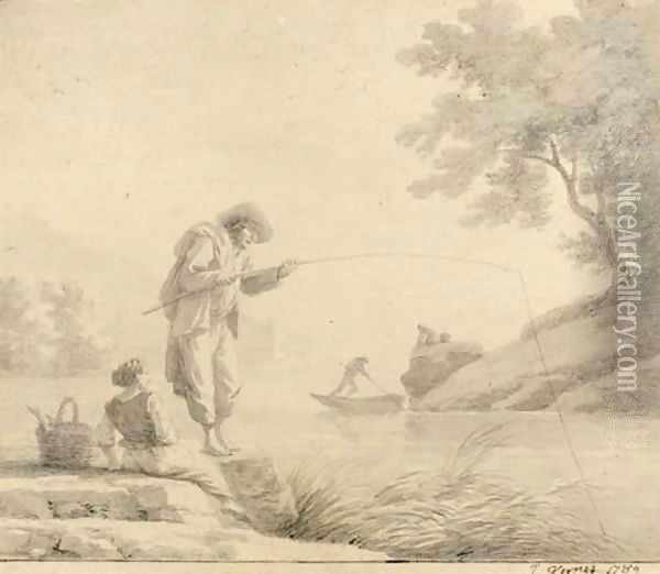 Pecheurs Au Bord De L'Eau Oil Painting - Claude-joseph Vernet