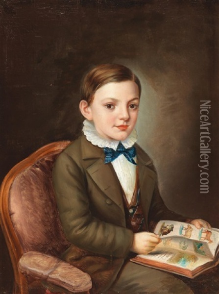 Boy With Picture Book Oil Painting - Carl Schellein
