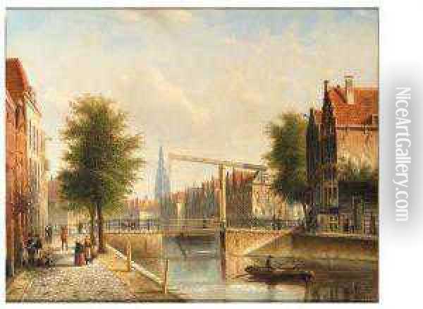 View Of A Town With Figures Strolling On A Quay Oil Painting - Johannes Franciscus Spohler
