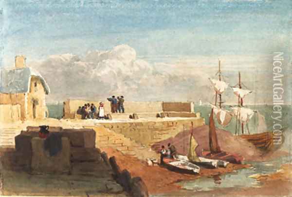 Figures by a harbour wall with boats moored in the foreground Oil Painting - David Cox