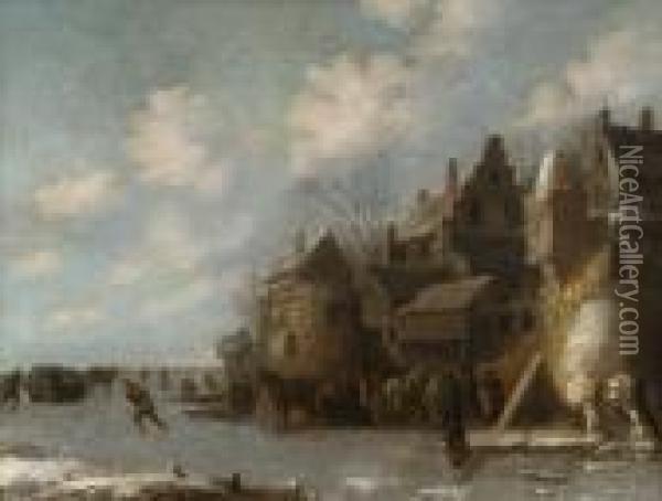 Patineurs Devant Une Ville Fortifiee Oil Painting - Claes Molenaar (see Molenaer)