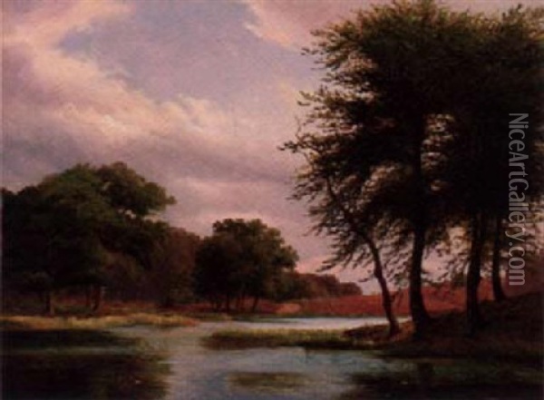 A Danish Lake Landscape Oil Painting - Johann Hermann Carmiencke
