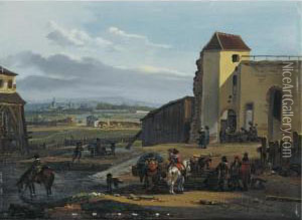 Travellers Resting Before The Fortifications Of A Distant City Oil Painting - Michel Hamon-Duplessis