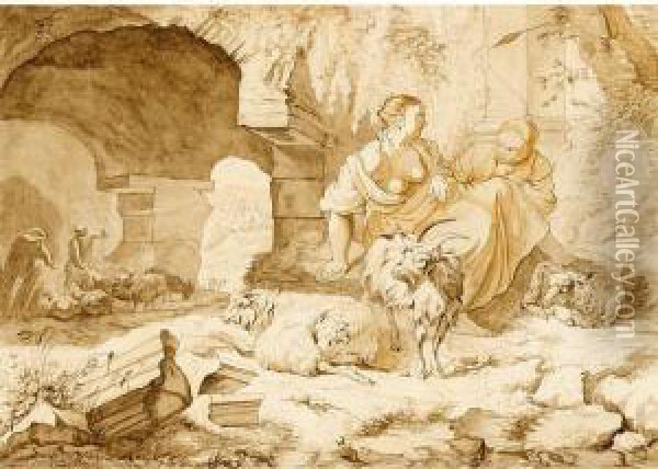 Two Shepherdesses And Their Sheep Near A Classical Ruin, Other Shepherds Beyond Oil Painting - Jacob Van Der Does I