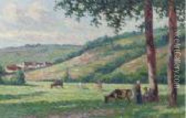 Paysage Avec Bergeres Et Vachers Oil Painting - Maximilien Luce