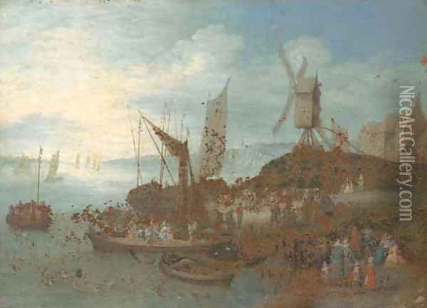 A river landscape with villagers and boats at a landing stage by a windmill Oil Painting - Jan Brueghel the Younger