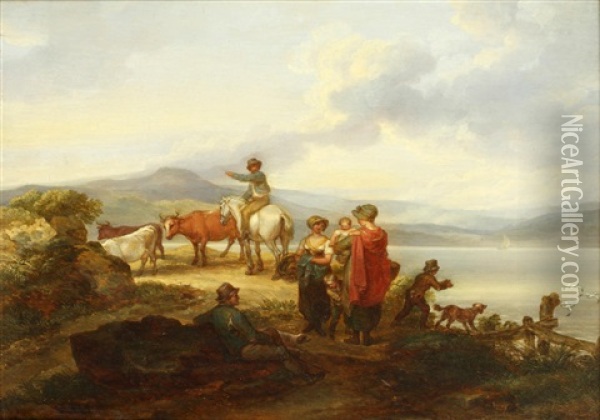 Figures In A Landscape Oil Painting - James Leakey