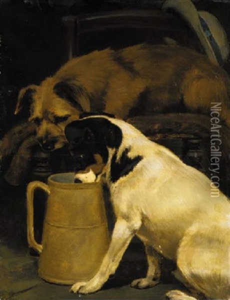 Stealing The Milk; Two Terriers In The Artist's Studio Oil Painting - William Osborne
