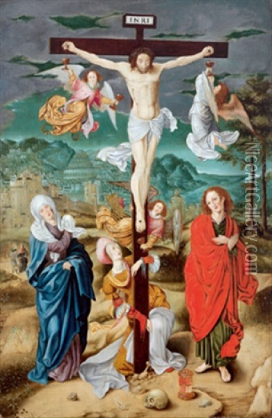Kalvarienberg, Christus Am Kreuz Mit Assistenzfiguren Und Engeln Oil Painting - Jan de Beer