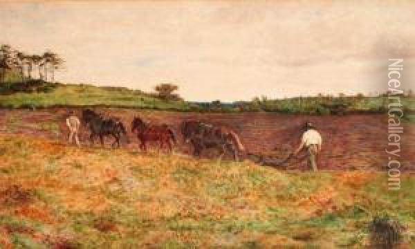 Breaking In The Colt, Autumn Ploughing Oil Painting - Thomas Wade