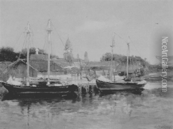 Schooners Moored In Gloucester Harbor Oil Painting - Charles Paul Gruppe