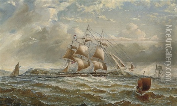 A British Merchantman Running Down The Firth Of Clyde In A Stiff Breeze, The Cloch Lighthouse Off Her Port Bow Oil Painting - George Alexander Napier