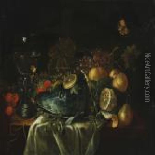 Still Life With Fish, Fruits And Wine Glass On A Table Oil Painting - Jan Van Huysum