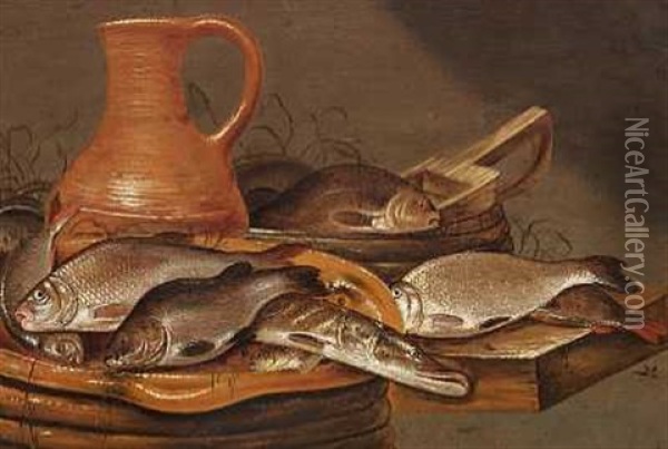 Opstilling Med Ferskvandsfisk Og En Kande Pa Et Bord Oil Painting - Pieter Symonsz Potter