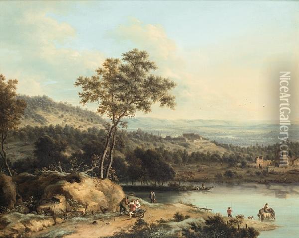 An Extensive River Landscape With A Family Oil Painting - Johann Christian Vollerdt or Vollaert