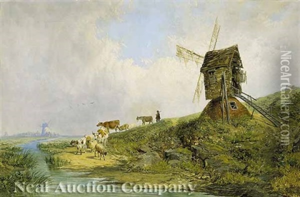 Old Windmills, Basford, Nottinghamshire Oil Painting - John Holland