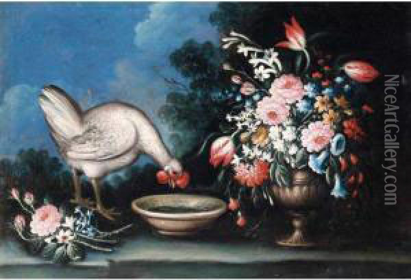 Still Life Of A Chicken Drinking From A Bowl, And A Bouquet Of Flowers In An Urn, Together In A Landscape Oil Painting - Giuseppe Pesci