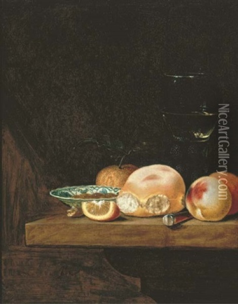 A Bread Roll, Peaches, An Orange, A Lemon Segment, A Porcelain Dish With Nuts, A Knife And A Roemer On A Ledge Oil Painting - Pieter Janssens Elinga