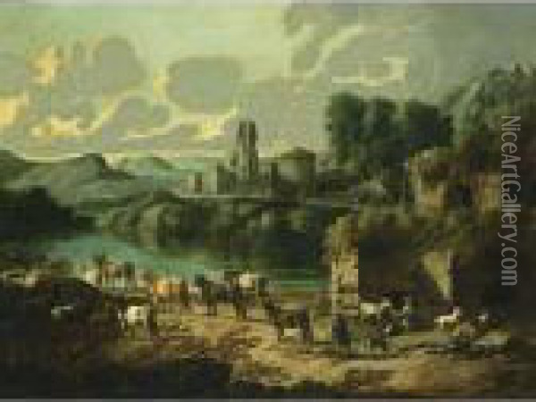 An Italianate River Landscape 
With Shepherds And Their Flock Resting, The Ruins Of A Town Beyond Oil Painting - Gaetano De Rosa
