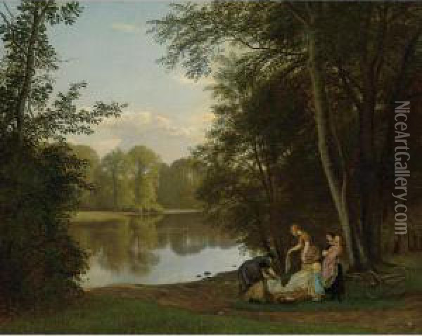 The Village Pond At Hellebaek Oil Painting - Peter Christian T. Skovgaard