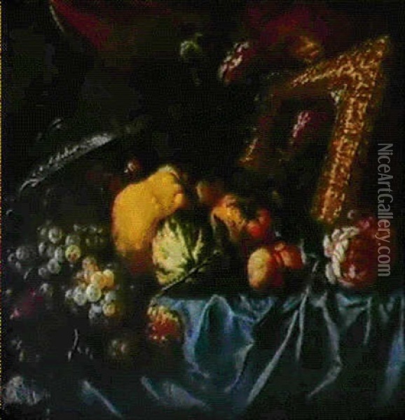 Nature Morte Aux Pommes, Coings, Peches, Raisins Et Prunes: Allegorie De L'odorat Oil Painting - Giovanni Paolo Castelli (lo Spadino)