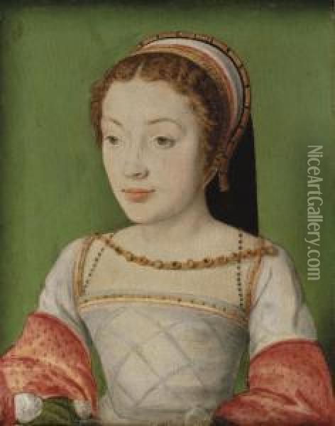 Portrait Of Renee De France 
(1510-1574), Bust-length, In A White Dress With Red Sleeves, With A 
Jewelled Necklace And A Head-dress Oil Painting - Corneille De Lyon