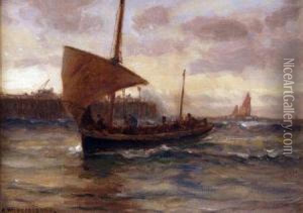 Fishing Boat Off A Harbour Oil Painting - Arthur Wilde Parsons