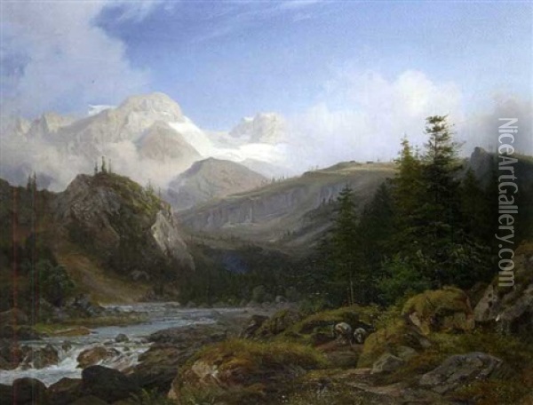 Landschaft Mit Blick Auf Den Hohen Dachstein Oil Painting - Eduard Schleich the Elder