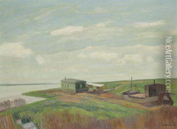 River Landscape With Boat Oil Painting - De Swerts Joz