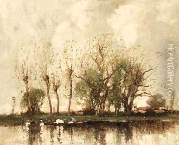 A Dutch Canal Side Oil Painting - William Alfred Gibson