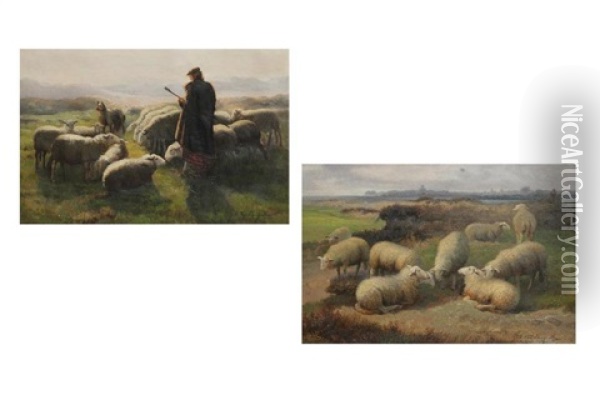 Shepherd With Flock (+ Sheep In Meadow; Set Of 2) Oil Painting - Jef Louis Van Leemputten