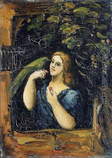 Woman With Parrot Oil Painting - Paul Cezanne