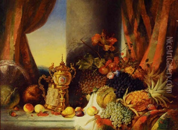 Still Life With A Magnificence Of Fruit, Flowers, Silver Platter, Stein And Jeweled Ciborium Oil Painting - George Lance