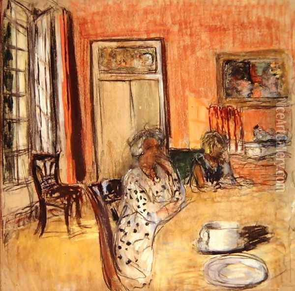 Madame Hessel and Lulu in the Dining Room at the Chateau des Clayes Oil Painting - Jean-Edouard Vuillard