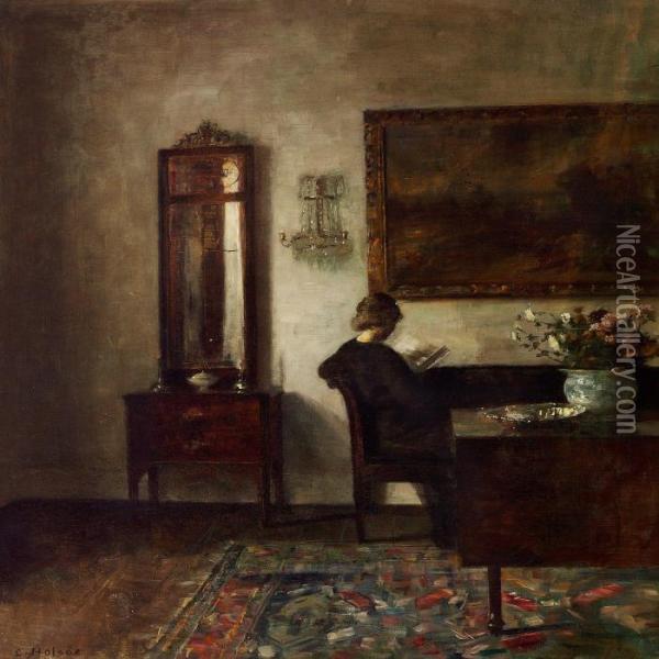 Interior With A Woman In Ablack Dress Reading Oil Painting - Carl Vilhelm Holsoe