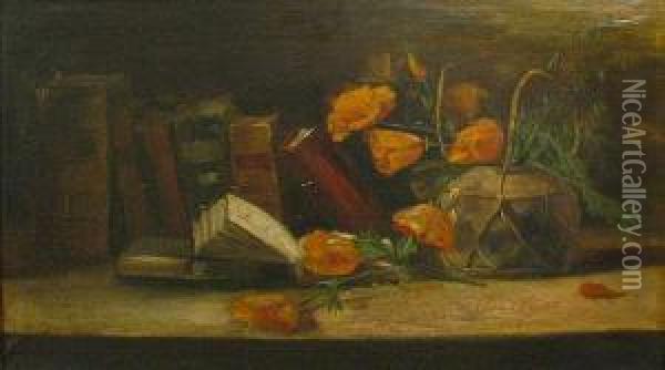 A Still Life With Poppies And Books Oil Painting - William Merritt Chase