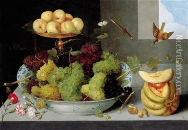 Grapes In A Blue And White Porcelain Bowl With Peaches On A Gold Tazza, With A Melon, Shells And Carnations On A Stone Ledge, With Two Birds And A Ladybird Oil Painting - Pieter Binoit