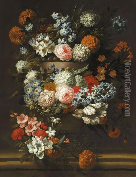 A Still Of Flowers In A Stone Urn, Including Roses And Chrysanthemums Oil Painting - Jan-baptist Bosschaert