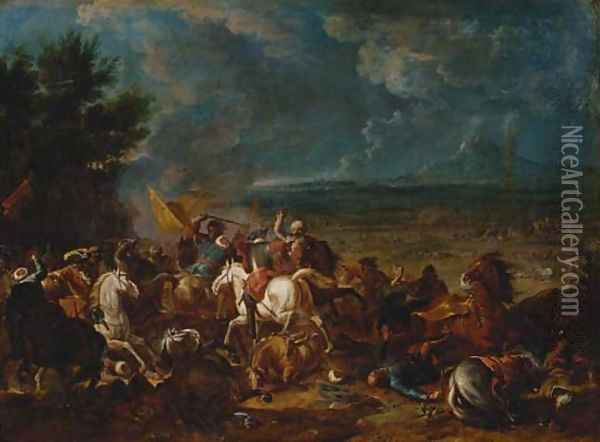 Christians engaging Turks, a military encampment beyond Oil Painting - Karel Breydel