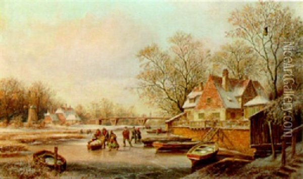 A Winter Landscape With Figures Skating Oil Painting - Ludwig Kergel