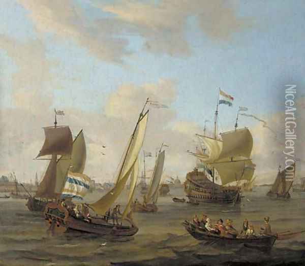 Shipping on the IJ off Amsterdam with a smalschip, a Dutch man-o'-war, and other vessels Oil Painting - Abraham Storck