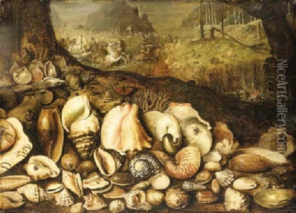 The Maritime Realm: A Still Life Of Shells On A Shore, The Triumph Of Neptune Beyond Oil Painting - Hieronymus Francken the Younger