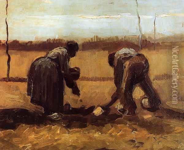 Peasant Man and Woman Planting Potatoes Oil Painting - Vincent Van Gogh