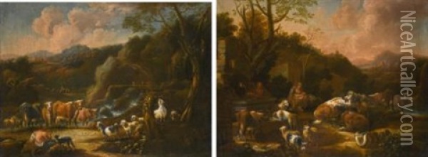 A Mother And Child With Horses, Cattle And Sheep By A Fountain In A Landscape; A Herdsman With Cattle, Sheep And Goats By A Waterfall In A Landscape Oil Painting - Johann Heinrich Roos